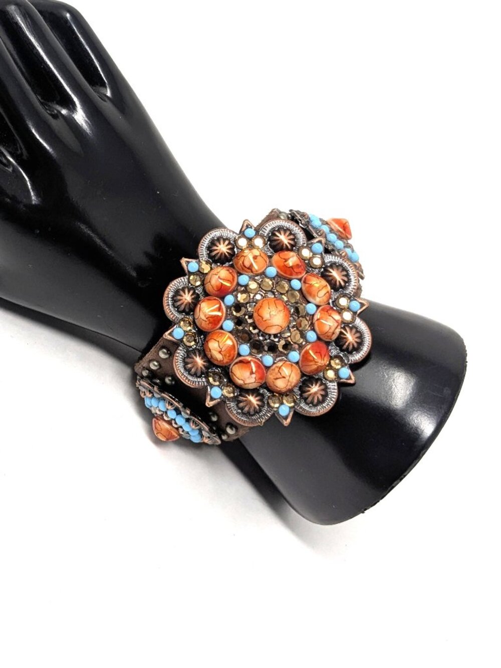 Leather Cuff Concho Bracelet Large Flower Studs Crystals on Copper Sz 7-8 Snap